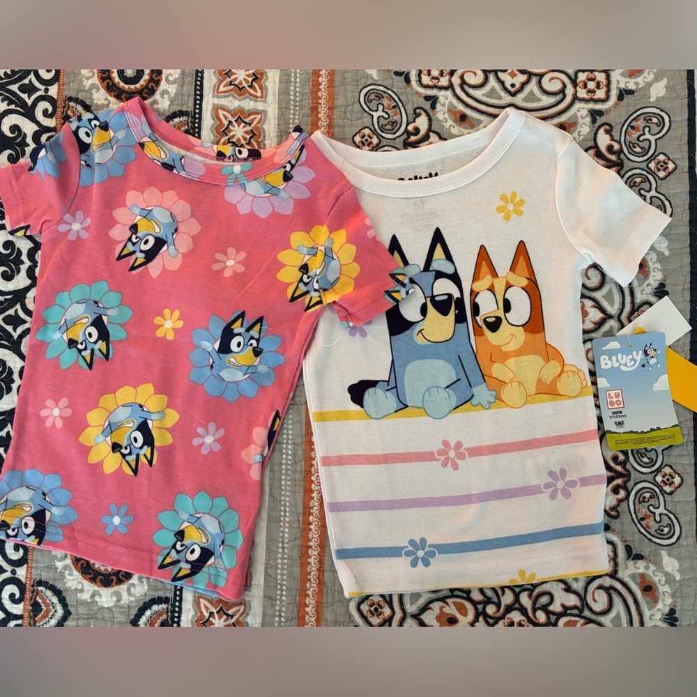Bluey Kids Pajama Tops - Floral Pink and Striped White